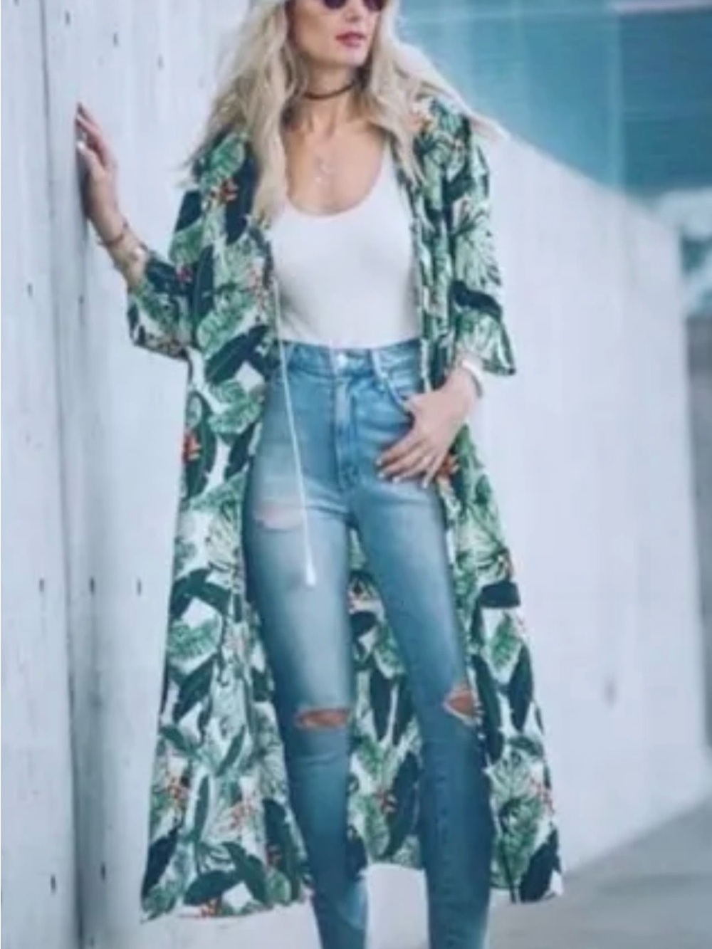 Rachel Zoe Green Tropical Print Longline Women's Caftan/Kimono/Coverup